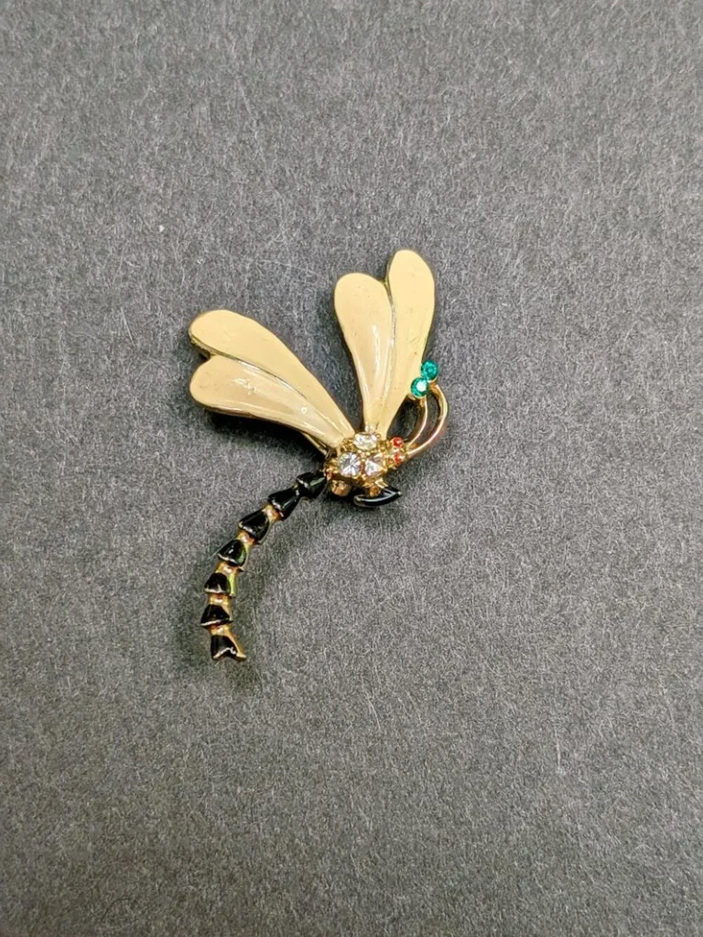 Vintage Dragonfly Brooch Cream Enamel Rhinestone Figural Insect Pin